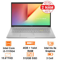 Laptop Asus Vivobook 15 -Silver- 15.6 FHD IPS; Intel Core i3-1115G4; 4GB on + 1slot; 512GB SSD PCIe + 2.5(KIT); FP; Wifi6 + BT5.0; Polyc; Win11H; 2Y (A515EA-BQ1530W)