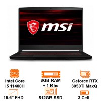Laptop MSI Gaming GF63 -Black- 15.6 FHD IPS; Intel Core i5-11400H; 8GB + 1Slot; 512 GB SSD + 2.5;  VGA RTX 3050Ti 4GB; WF6+ BT5.2; Polyc; Win11H; 1Y (11UD-473VN)