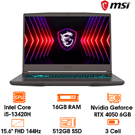 laptop MSI Thin 15 - 15.6" FHD 144Hz, i5-13420H; 16GB; 512GB; RTX4050_6GB; Win11; Xám; Balo (15-B13VE-2824VN)