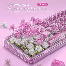 Bàn phím cơ gaming AULA F68 - Màu hồng trong suốt, 65% 68 phím, Wireless 2.4GHz + Bluetooth 5.0 + USB Type-C, ICE Crystal Switch - Linear, LED RGB, Hotswap, Pin lithium 2800mAh