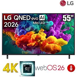 TV LG 5-inch QNED 4K 55QNED80BSA 60Hz Native - webOS 26; α8 AI Processor 4K Gen3.; HDR10 / HLG; Local Dimming; AI Sound Pro 2.0 20W; Clear Voice Pro; Wi-Fi 5; AN-MR26, chân 2 bên, 2026