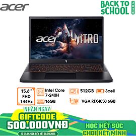 Laptop Acer Gaming Nitro V15 ProPanel ANV15-52-73Z8-NH.QUASV.001 - Black- 15.6 FHD IPS 180Hz; Intel Core 7-240H; 16GB DDR5 5600Mhz + 1 slot; 512GB SSD PCIe + 1 2.5+ 1 M.2; VGA RTX4050-6GB DDR6;  Wifi 6 + BT5.1; LedKB; Polyc; Black; Win11H; 2Y 3S1 NH.QUASV