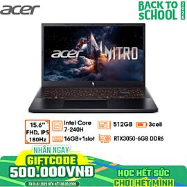 Laptop Acer Gaming Nitro V 15 ProPanel ANV15-52-74UM - Black- 15.6 FHD IPS 180Hz; Intel Core 7-240H; 16GD5 5600Mhz + 1 slot; 512GB SSD PCIe + 1 2.5+ 1 M.2; VGA RTX3050-6GB DDR6;  Wifi 6 + BT5.1; LedKB; Polyc; Win11H; 2Y 3S1 (NH.QUBSV.003)