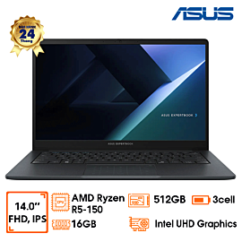 Laptop Asus Expertbook BM1403CDA, 14.0" FHD IPS, R5 150, 16GD5 bus 5200 (up to 64GB), 512GB SSD, Chiclet Keyboard, WiFi 6E(802.11ax) (Dual band) 2*2 + BT 5.4 Wireless Card, 42WHrs, 3S1P, Win11HSL, McAfee 30 days trial, xám tối, 2Y Onsite (BM1403CDA-S616