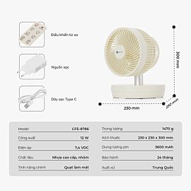 Quạt tích điện tuần hoàn không khí Elmich CFE-8786, 12W, Power-Lithium, 3200mAh, Type-C