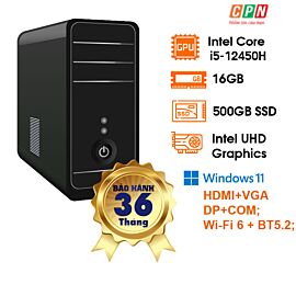 Bộ linh kiện máy tính CPC-12416G500W.30B: Intel Core i5-12450H; 16GD4; SSD 500GB M.2 NVME; noDVD; HDMI+VGA+DP+COM; Wi-Fi 6 + BT5.2; Tower 400W; Win 11 Pro; Black