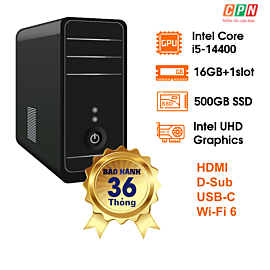 PC CPC-14416G500.36W - Màu trắng - Core i5-14400; B760; 16GB D4-3200 + 1 Slot; 500GB SSD M.2 NVME; HDMI + D-Sub + USB-C; Wi-Fi 6; 3Y (2Pro+1)
