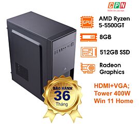 Bộ linh kiện máy tính CPC-5508G512.37B: AMD Ryzen 5 5500GT; 8GB DDR4; SSD 512GB SATA3; HDMI+VGA; Tower 400W; Win 11 Home; Black