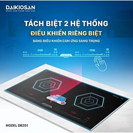 Bếp từ đôi Daikiosan DB200, 5000W, mặt kính Kanger vát 2 cạnh và bo viền kim loại, 9 mức điều chỉnh, 680x390 mm