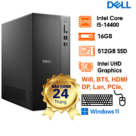 PC DELL Tower ECT1250 (14.6L), i5-14400, 16GD5 (1x16GB). 512GSSD, BT, KBCopilot+M, Wifi6+BT5.4, 2x USB 3.2 Gen 1 Type-A, 1x HDMI, 1x DisplayPort, 1x RJ45 (LAN), 2x PCIe X1, 1x PCIe X16, 1x M.2 2230 (with WLAN), 1x SATA, W11SL, 2Y, ĐEN, (ECT1250-TFPC84)