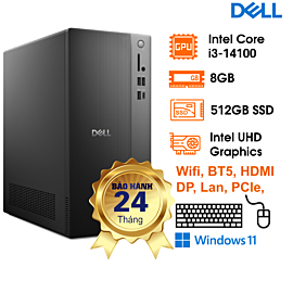 PC DELL Tower ECT1250 (14.6L), i3-14100, 8GD5 (1x8GB). 512GSSD, BT, KBCopilot+M, Wifi6+BT5.4, 2x USB 3.2 Gen 1 Type-A, 1x HDMI, 1x DisplayPort, 1x RJ45 (LAN), 2x PCIe X1, 1x PCIe X16, 1x M.2 2230 (with WLAN), 1x SATA, W11SL, 2Y, ĐEN, (ECT1250-TFPC8)
