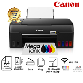 Máy in phun mầu đa năng 6 màu Canon G670 - In Scan Copy; A4/A5; 3.9ipm; WiFi USB 2.0; Quét 2400x1200 16bit màu; Khay giấy 250 tờ; Mực GI-73 BK: 3,700, GI-73 GY/C/M/Y/R: 8000 trang