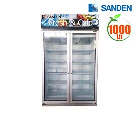 Tủ mát đứng 2 cánh Sanden Intercool OEM-1205SK, 1000L, 1200×660×2050 mm, làm lạnh bằng quạt không đóng tuyết, cửa kính 2 lớp, có sấy kính.