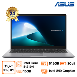 Laptop Asus Expertbook P1503CVA - grey, 15.6 inch FHD IPS, core 5-210H, 16GD5 bus 5200 (1x16GB), 512GB, FingerPrint, Wi-Fi 6 2*2 + BT 5.3, 63WHrs, Win11HSL, Microsoft Office Home 2024 (Vĩnh viễn) + Microsoft 365 Basic (1Y), McAfee 1Y, 2Y Onsite (P1503CVA-