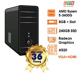 Bộ linh kiện máy tính Value V520-3408G240.050 - AMD Ryzen 5 3400G; A520; 8GD4+ 1slot; 240GB SSD; VGA+HDMI; Tower; DOS; 3Y