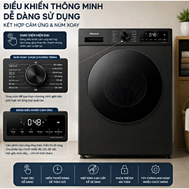 Máy giặt Hisense Inverter 12kg WF120I142VKL (Giặt AI+, Công nghệ tạo bọt iBubble™, Chế độ tăng tốc Quicker, Vệ sinh lồng giặt, Giặt nhanh 49'/30', Tia nước Pure Jet, Động cơ BLDC, Tốc độ vắt 1400 vòng/phút, Màu Inky Black) WxDxH: 595x620x845mm