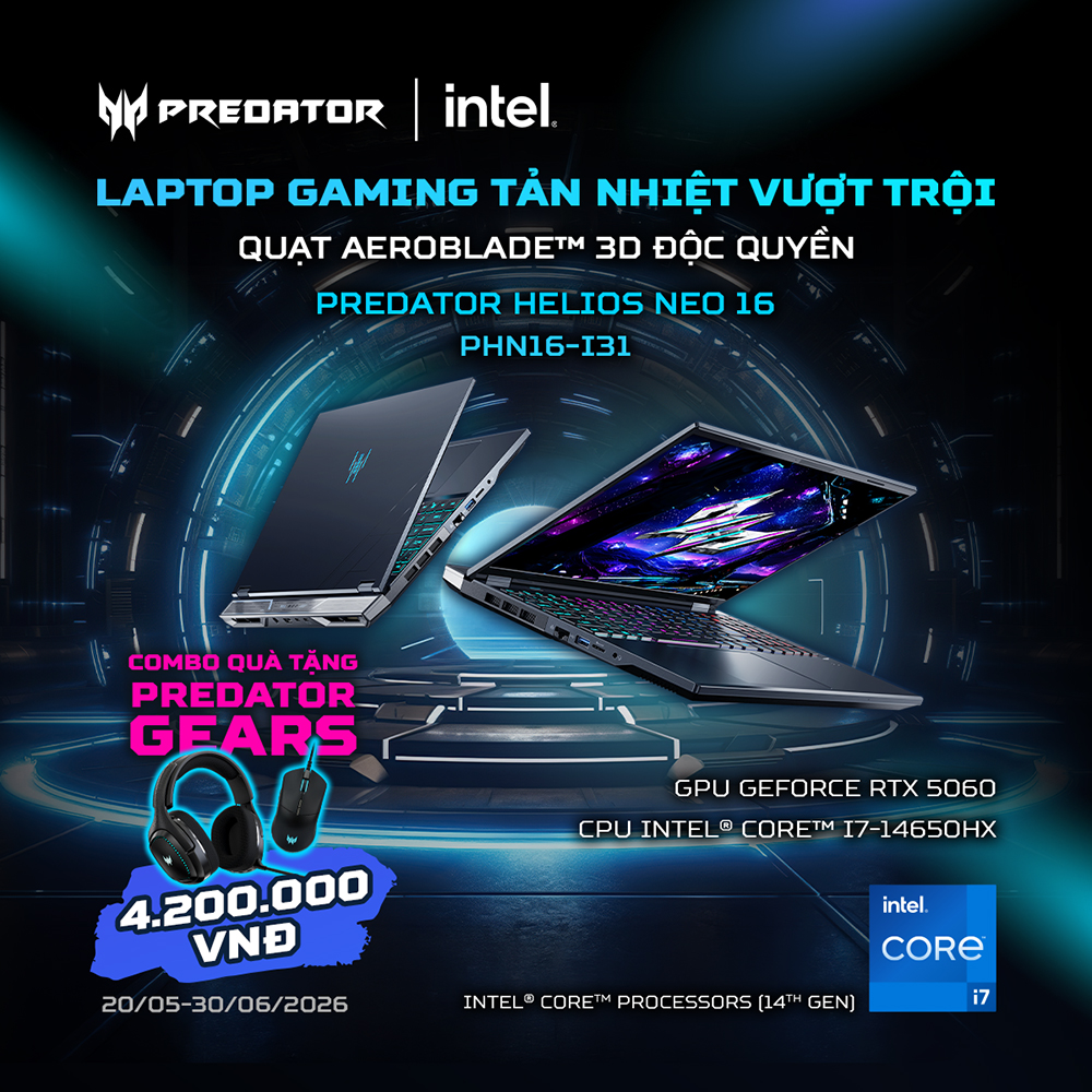 Predator Helios Neo 16 – Laptop Gaming RTX 50 Series Chuẩn Hiệu Năng Cao Cấp